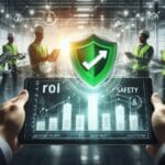 Persona sosteniendo una tablet que muestra indicadores de ROI y seguridad laboral en una planta industrial, representando la metodología ACTÚA de QGS.