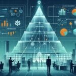 Modelo visual de Safety Lean integrando pirámide de prevención de accidentes, dashboards KPI y gestión estratégica de riesgos en entorno corporativo.