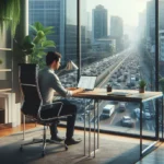 Profesional en teletrabajo Guatemala con vista al tráfico de la ciudad, ergonomía 4.0 QGS