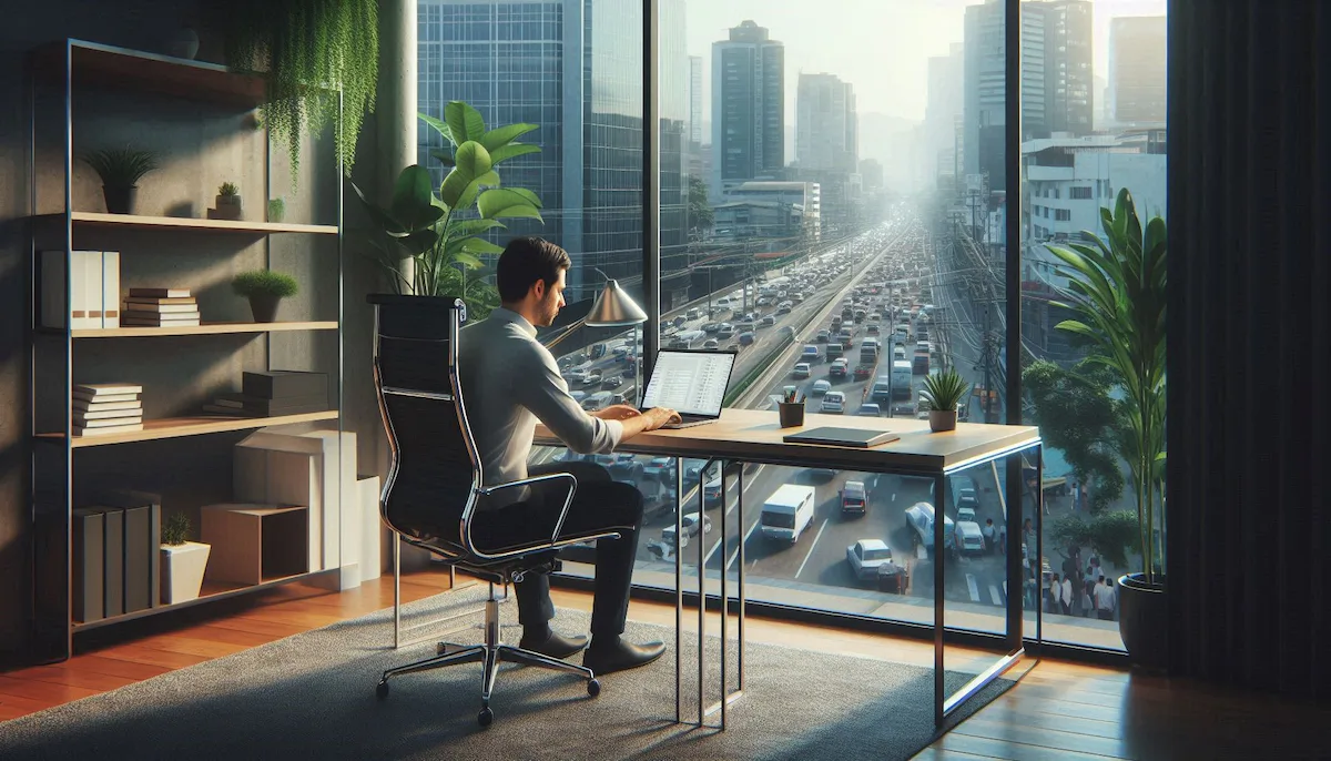 Profesional en teletrabajo Guatemala con vista al tráfico de la ciudad, ergonomía 4.0 QGS